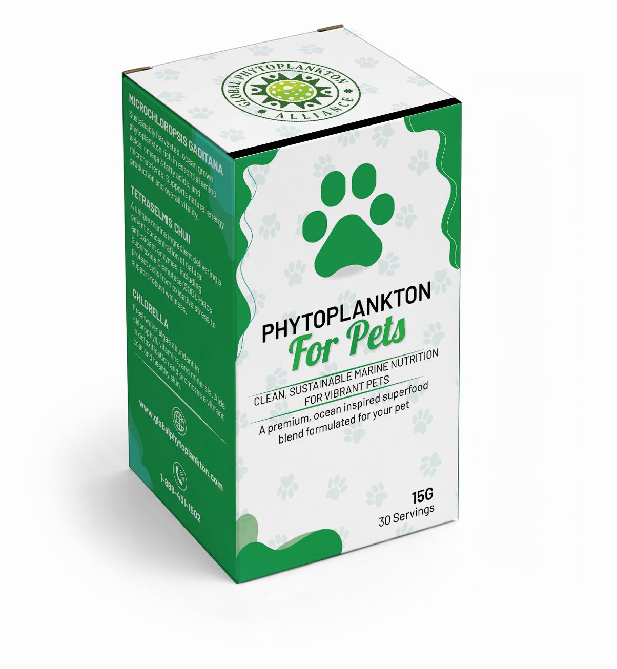 Phytoplankton for Pets superfood nutrition box for animals, allergen-free, vegan, sustainably cultivated.