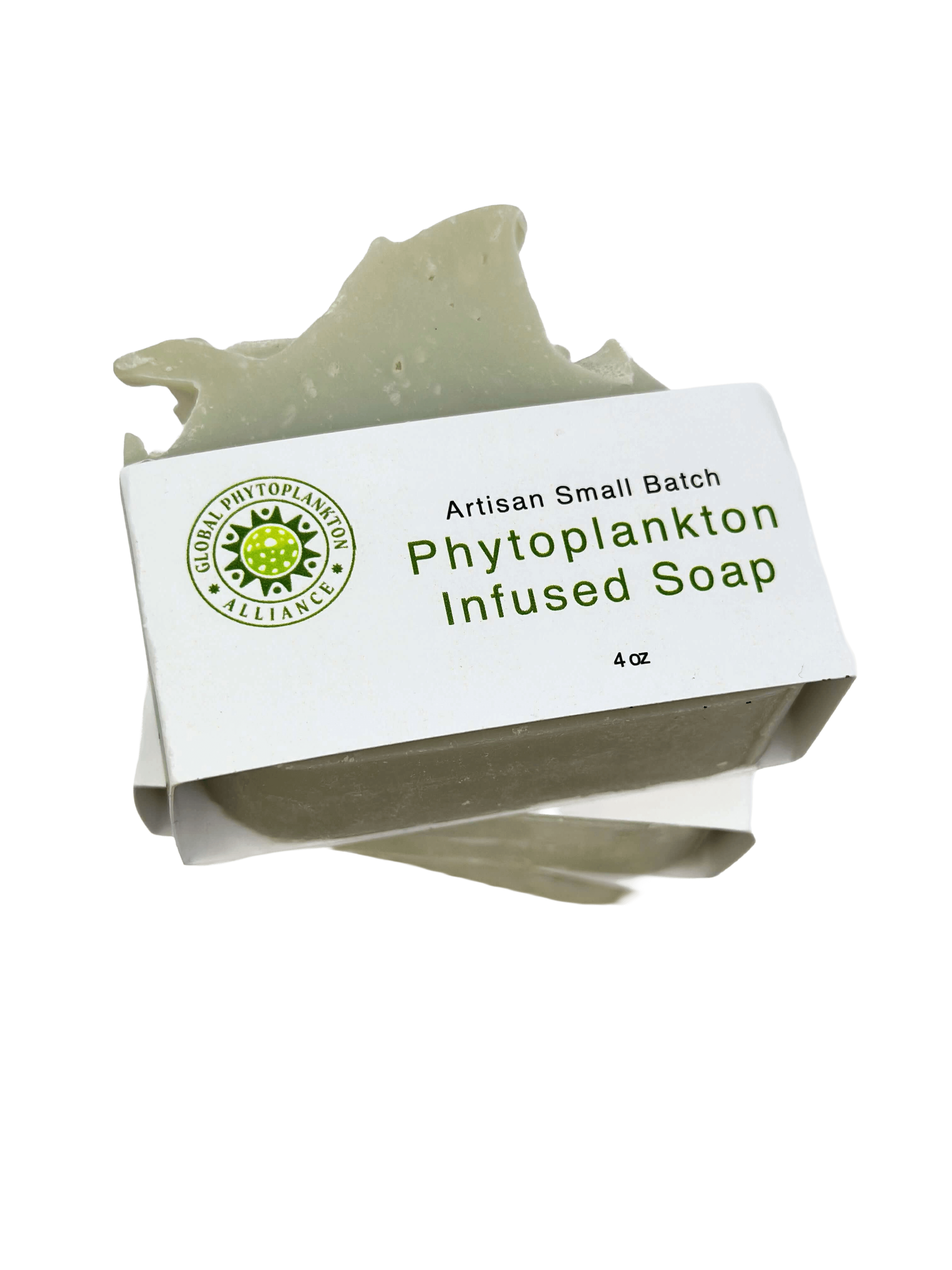 Phytoplankton Infused Soap bar, 4oz, with organic ingredients for revitalizing skin, displayed with natural green powder in a pack of 3